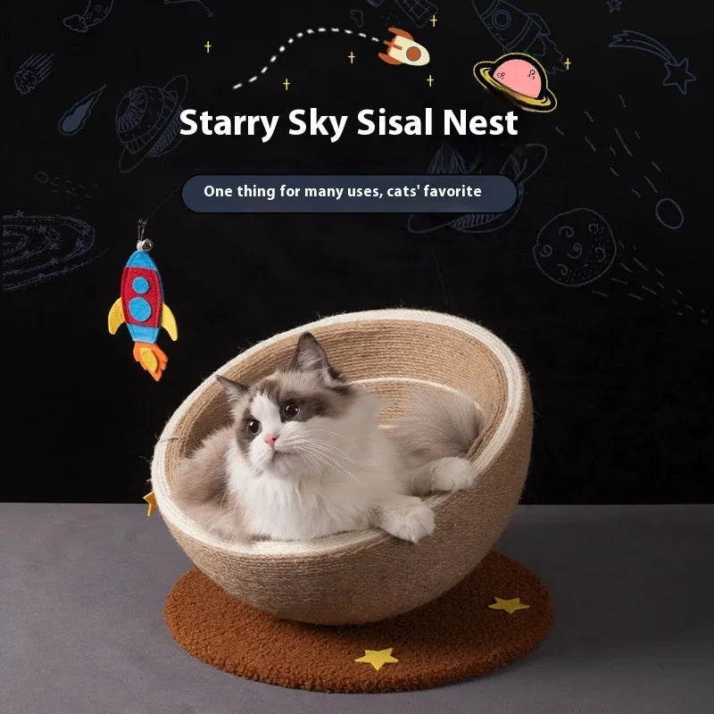 Large integrated cat scratching post and bed unit with sisal rope scratching surfaces and flannel-lined sleeping basin