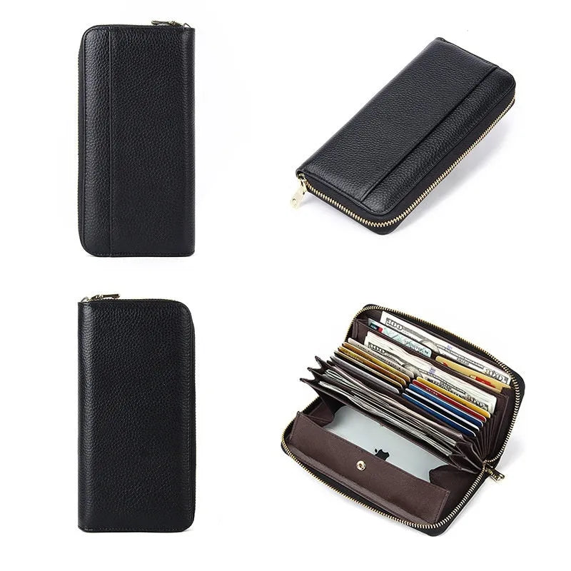 Genuine leather women's wallet showing interior organisation and anti-theft card protection features