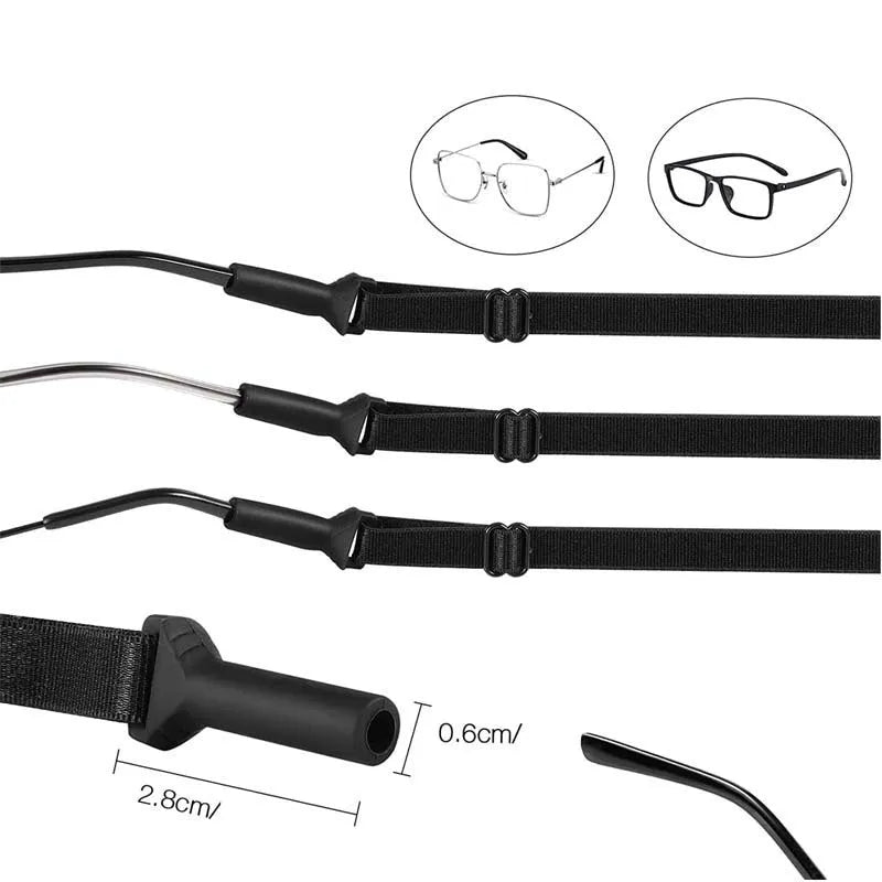 Black adjustable glasses cord with silicone earpiece ends for anti-slip security