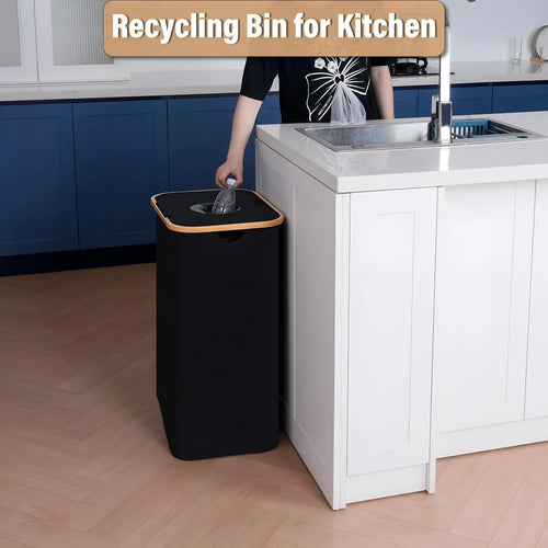 Black bamboo storage basket with a removable lid and visible inner pockets.