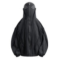 Black loose zip hooded coat with abstract pattern and padding