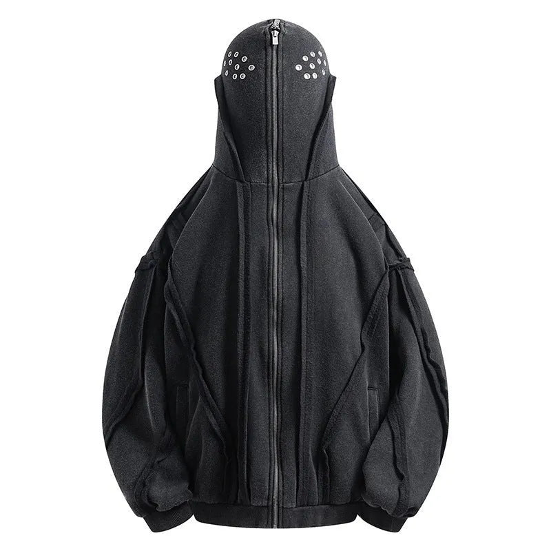 Black loose zip hooded coat with abstract pattern and padding
