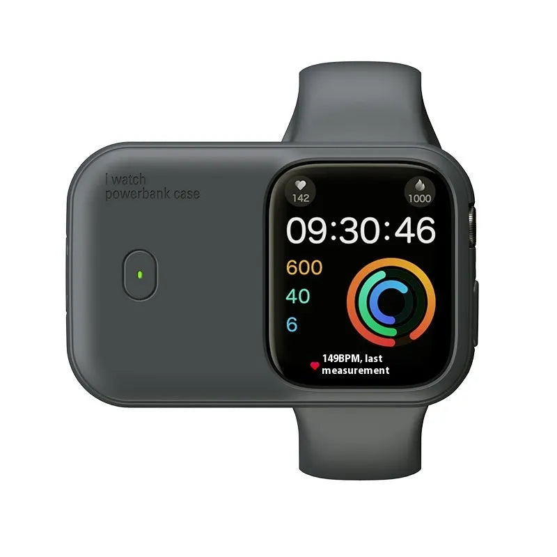 Apple Watch portable wireless charging case with silicone protector in brown, blue, and starlight colours.