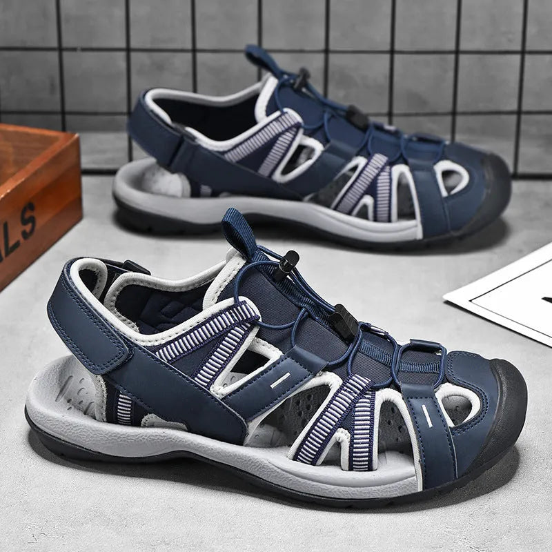 Men's blue and black mesh sports shoes with Velcro strap and rubber sole.