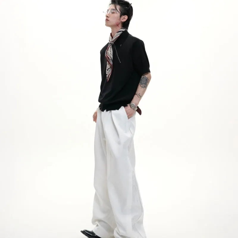 Men's slim-fit knitted polo shirt with oblique zipper and lapel collar in black, white or grey colours