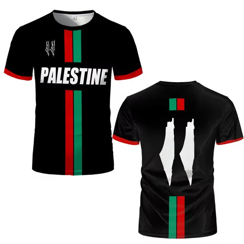 Black men's T-shirt with a raised white 3D football graphic print on the chest, showing half-length sleeves.