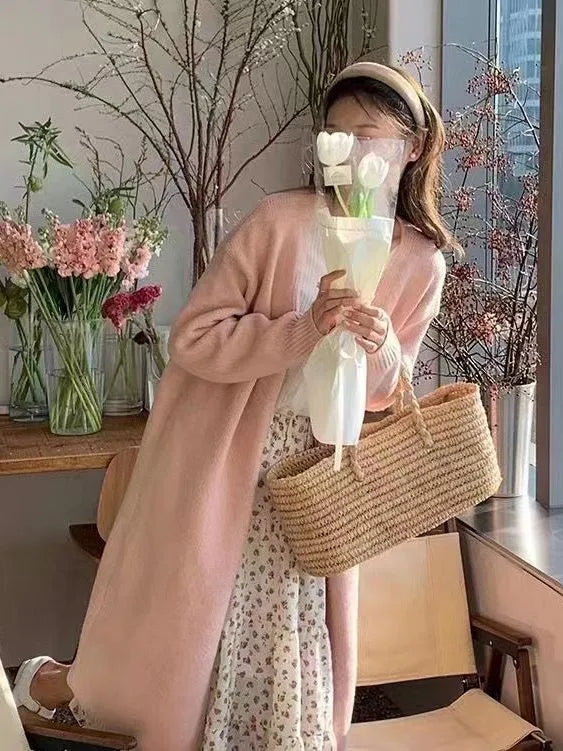 Women's mid-length V-neck knitted cardigan in khaki colour with long sleeves