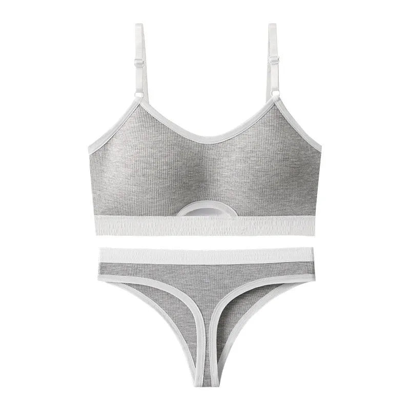 Women's contrast colour sports bra and briefs set with underwired tube top and thin moulded cups.