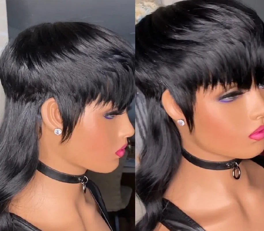 Brazilian wig black colour with bangs and front short back long style