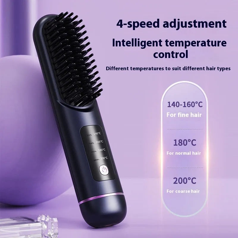 Portable negative ion straight hair comb in blue, grey, or white, showing its 15-20cm length and ABS plastic body.
