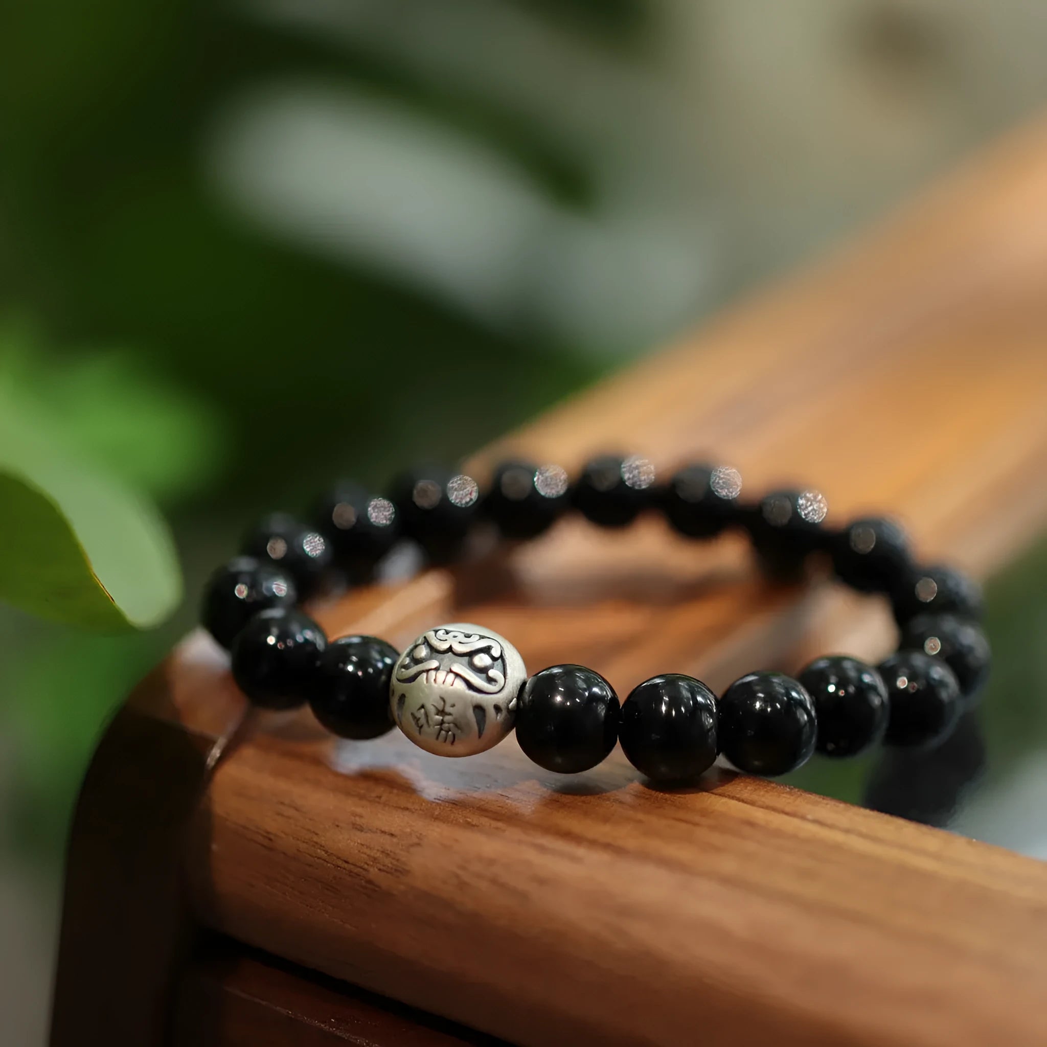 10mm black agate bracelet with sterling silver components in Chinese style design