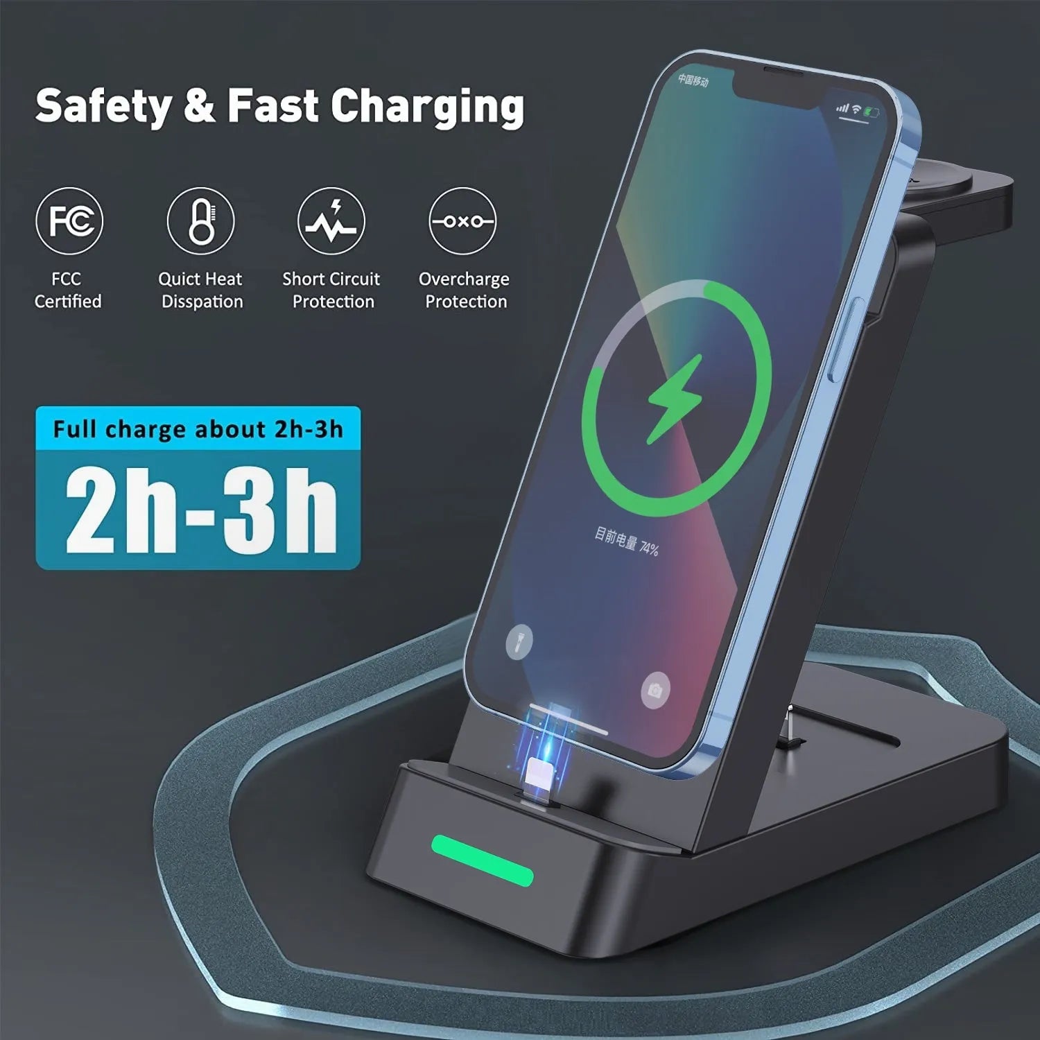 Black 3-in-1 wireless charging station with phone standing vertically in portrait orientation