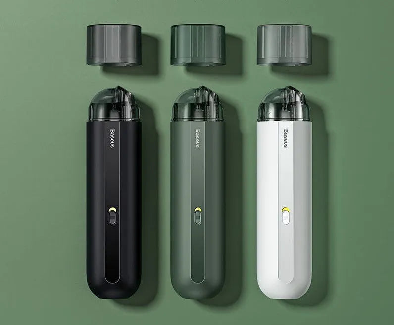 Baseus handheld car vacuum cleaner in black, white, or green, shown with blowing hose attachment.