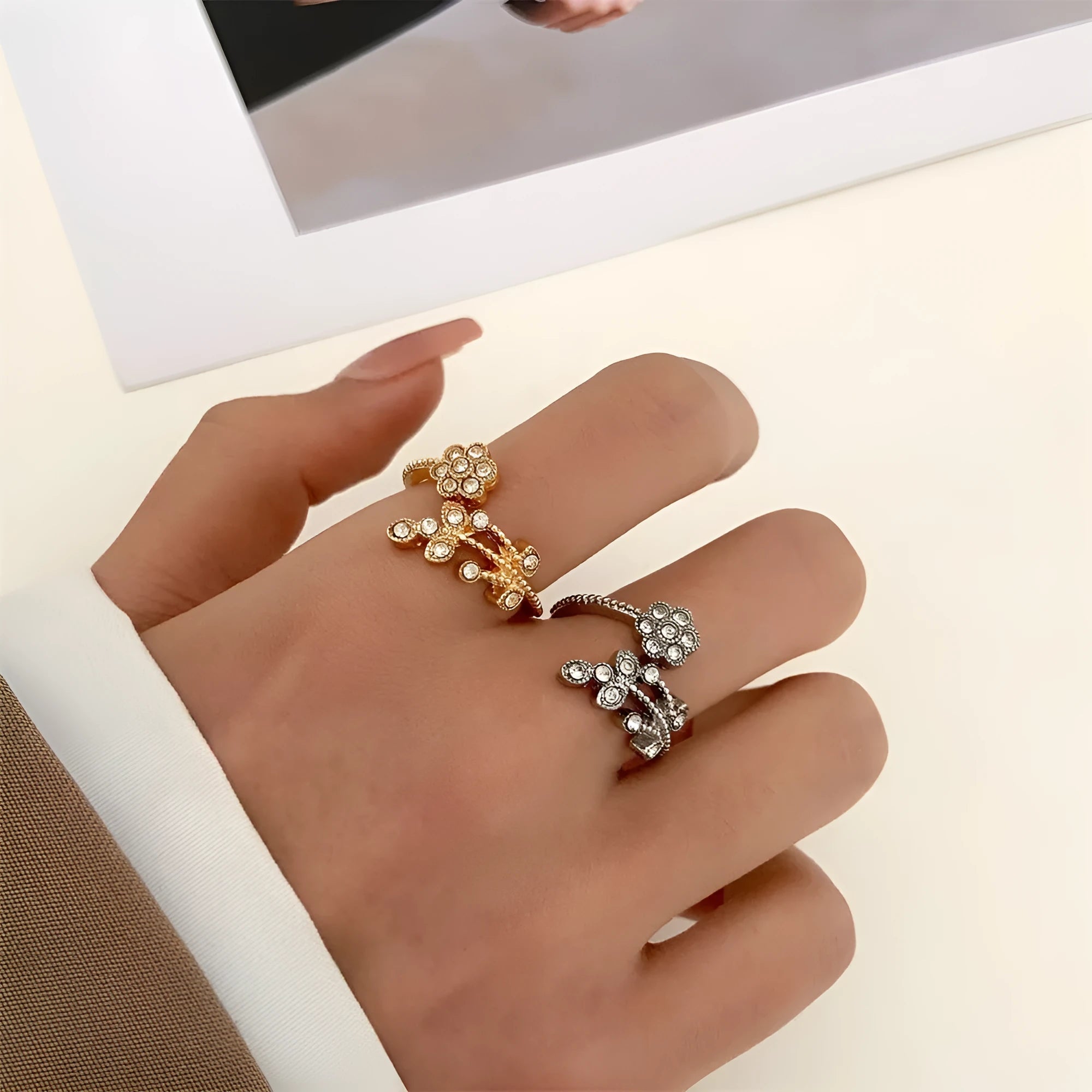 Women's copper open ring with diamond flower and leaf design in gold or white finish