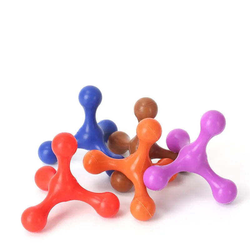 Blue silicone puppy chew toy with three-leg biter design for teething relief