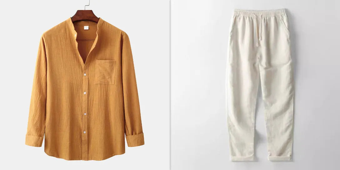 Brown men's slim fit long sleeve shirt and casual trousers set on a hanger.