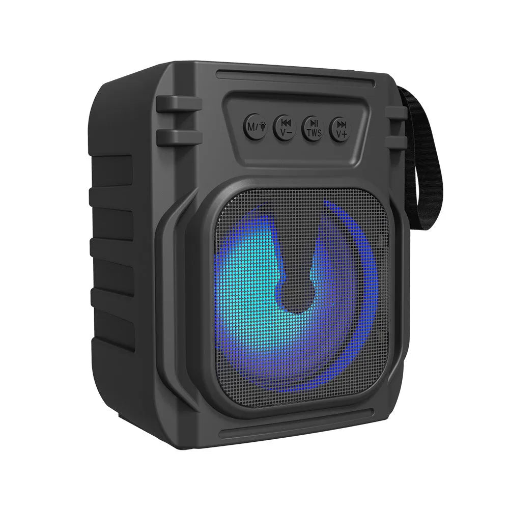 Portable mini Bluetooth speaker with USB charging cable, shown in assorted colour
