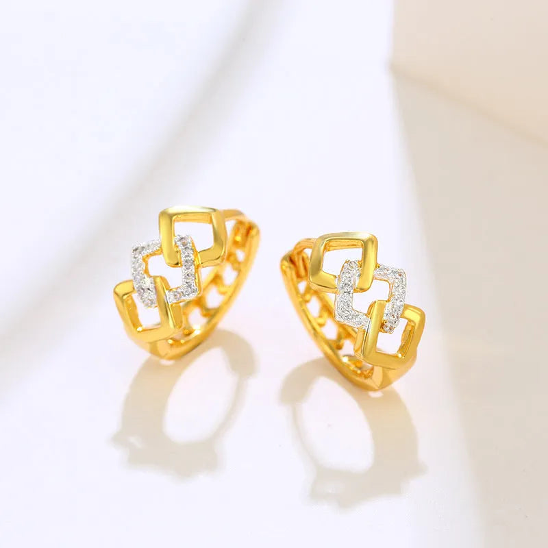 Geometric hollow-out gold electroplated alloy earrings with colour separation detail on ear clips