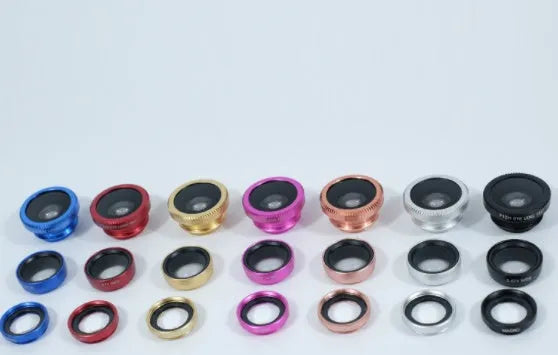 Smartphone camera lens kit with fisheye wide-angle and macro attachments in multiple colour options