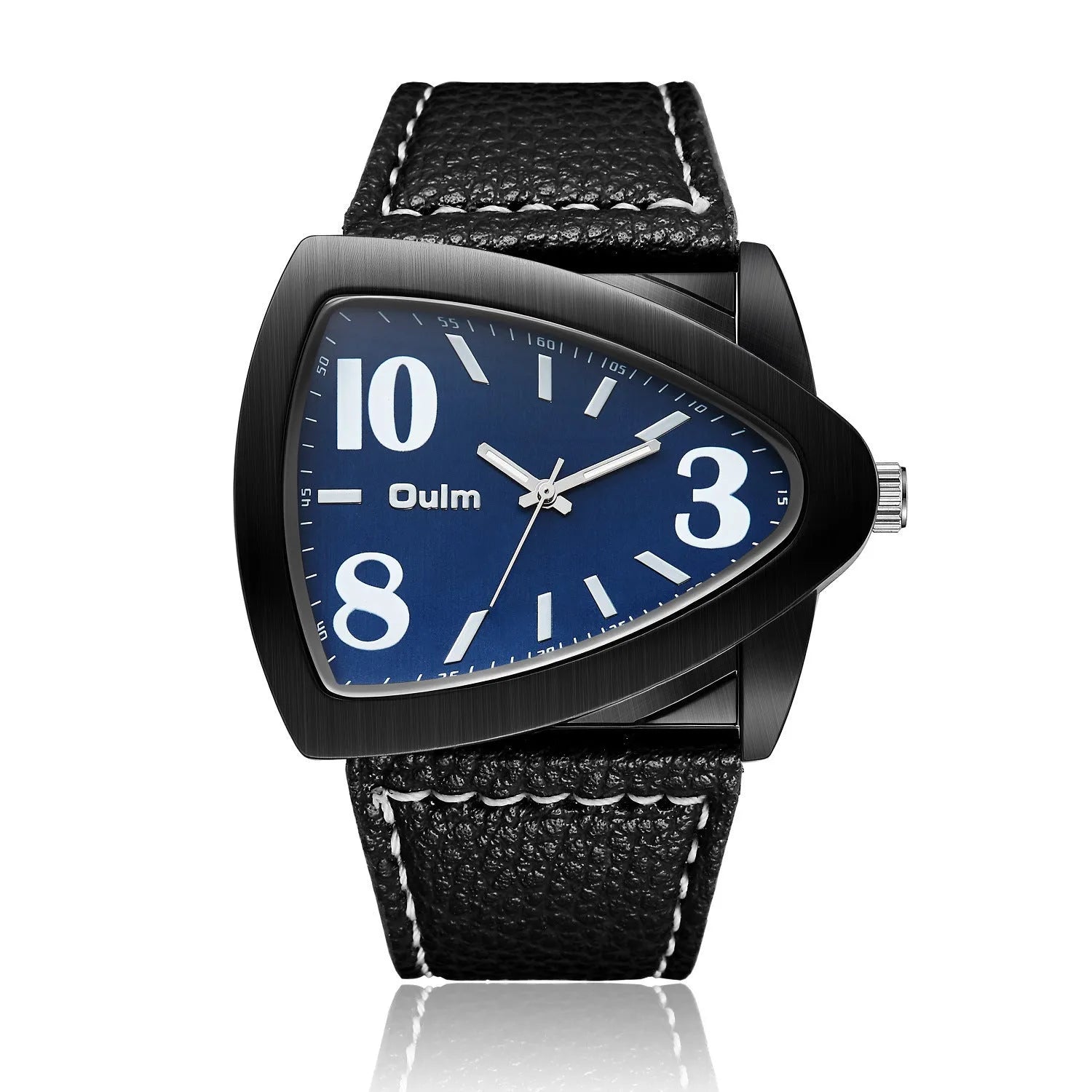 Men's casual triangle belt quartz watch showing brown, black and blue colour options with 9mm thickness