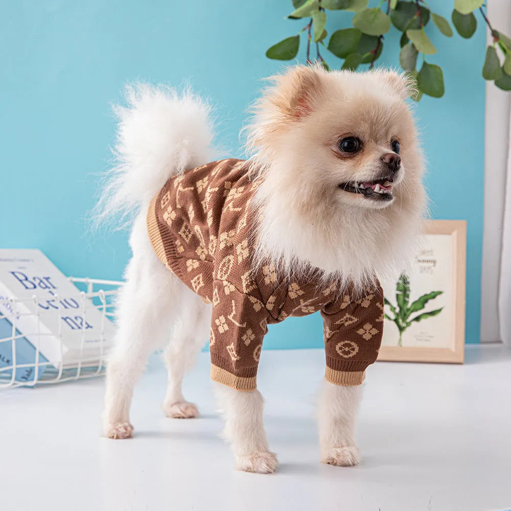Wool knitted dog sweater in monochrome or two-tone colours for autumn and winter wear.