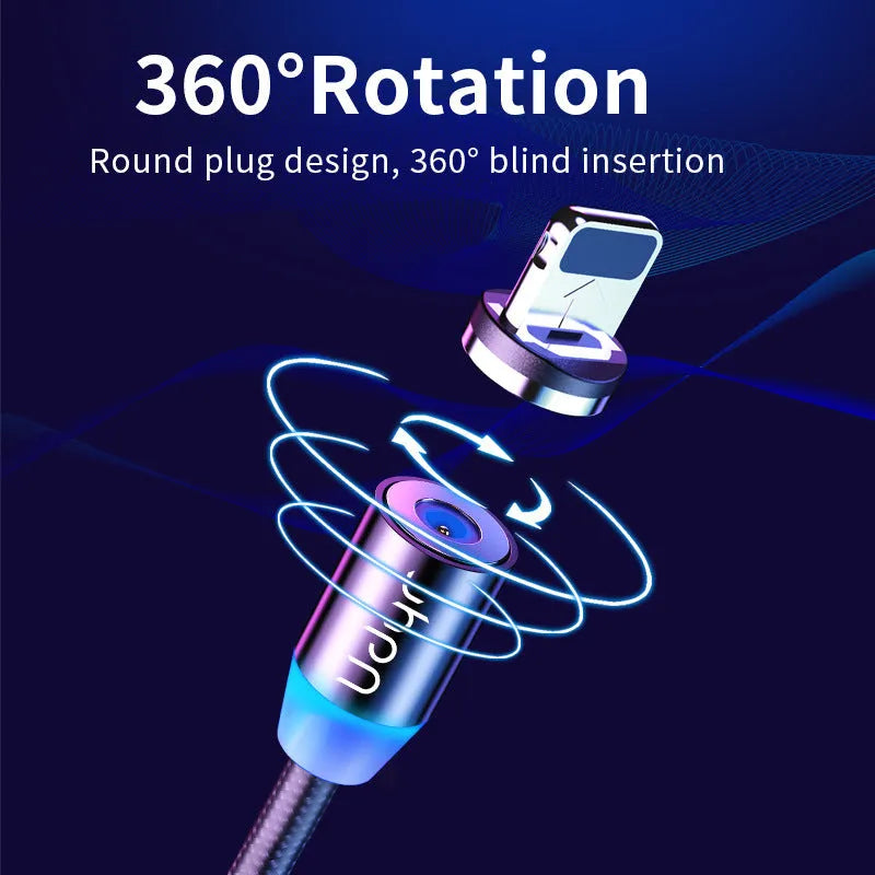 Black magnetic charging cable with three detachable magnetic heads for iPhone, USB-C, and Micro-USB connectors.