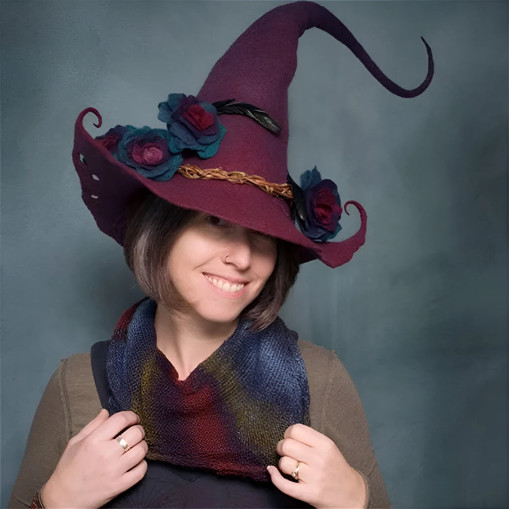 Women modern witch hat costume pointed cloth Halloween party hat in purple, fuchsia, blue, brown, red colours 36x39cm