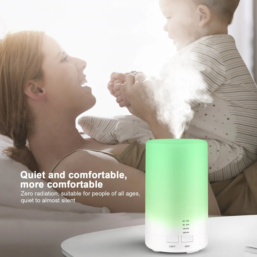 White ultrasonic aromatherapy diffuser, 125ml capacity, 7 colour LED lights, USB powered, 75 x 130mm