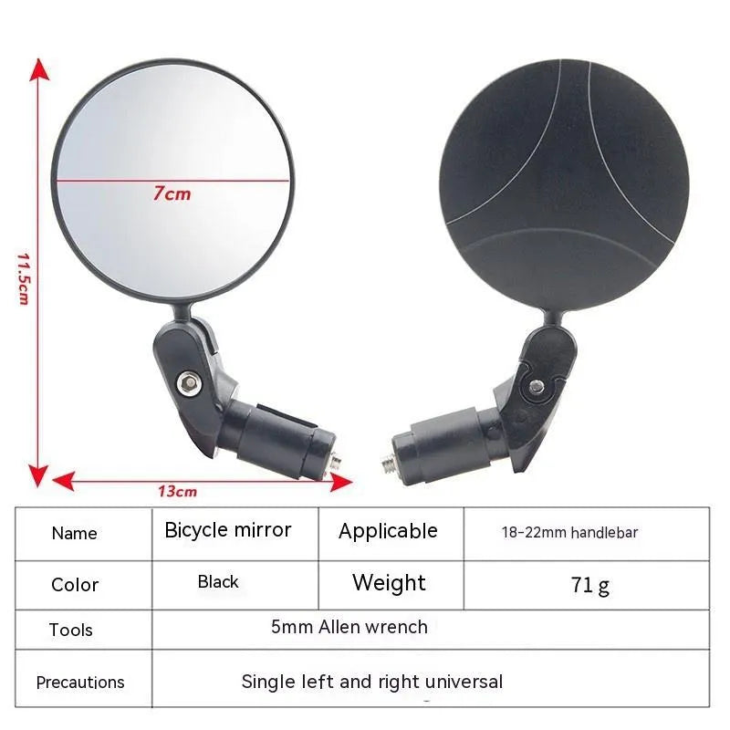 Black foldable convex rearview mirror for vehicles with 7cm reflective surface and 14cm arm.