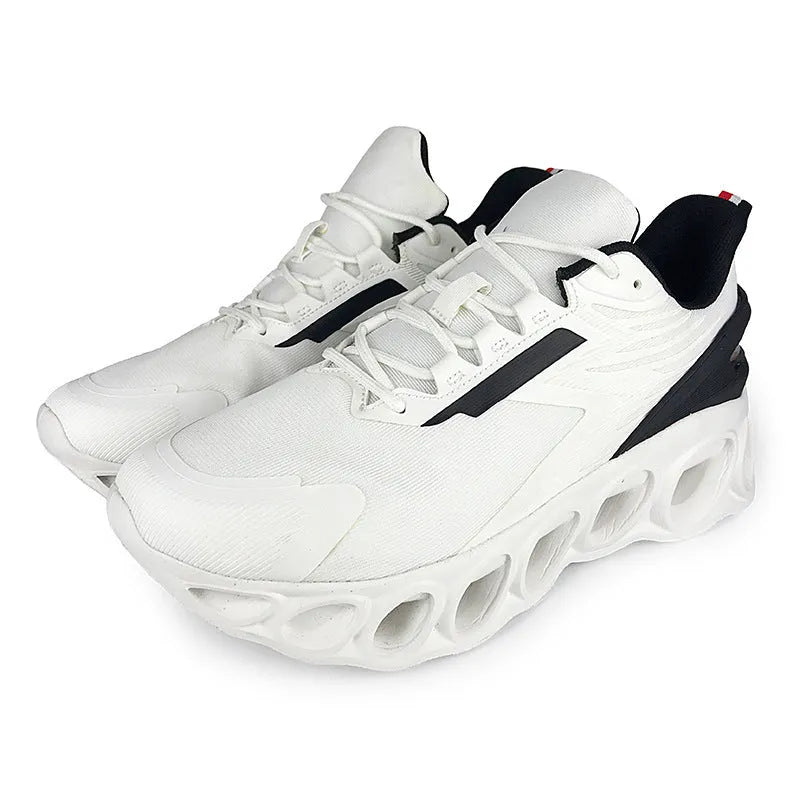 Men's black breathable casual sports shoes with mesh upper, round toe, and flat EVA sole on a white background.
