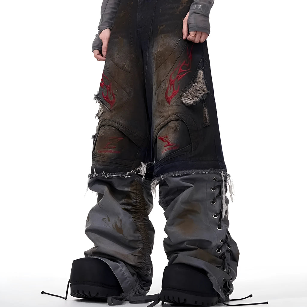Man wearing grey wide-leg retro jeans with detachable legs, showing the zip-off feature.