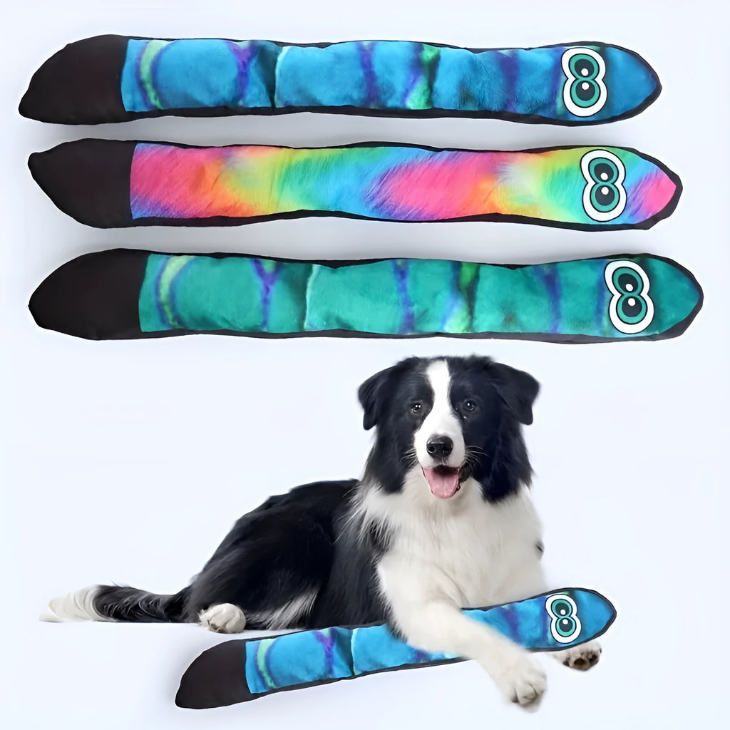 Snake-shaped plush dog squeak toy with rainbow stripe print for chewing and interactive play