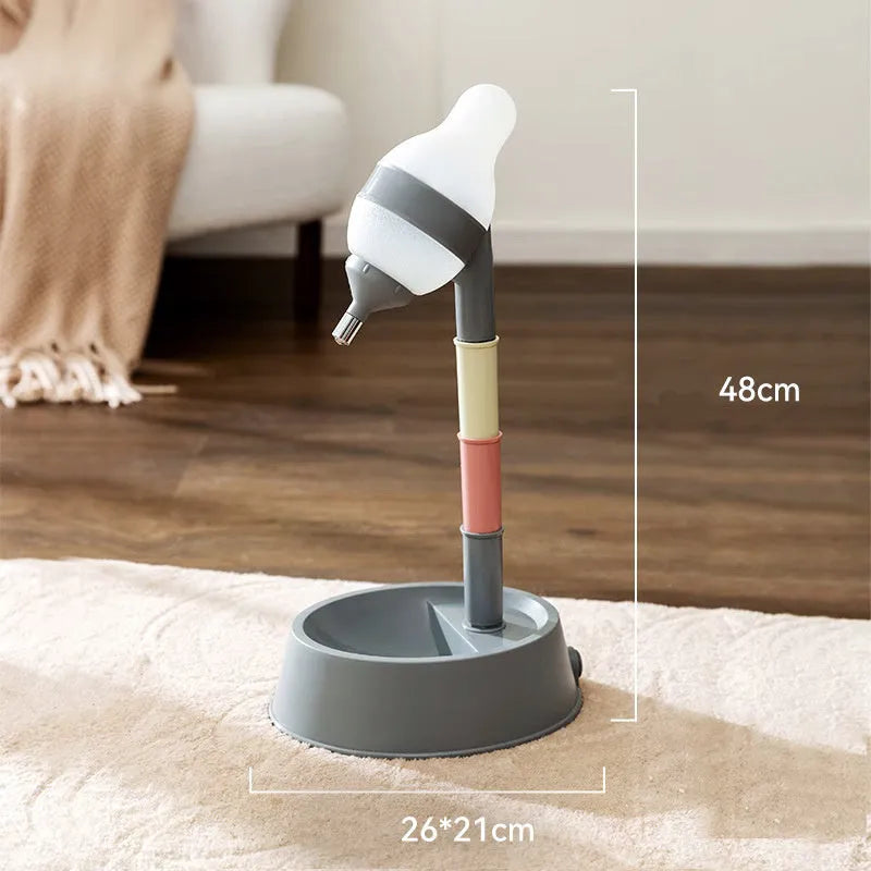 Grey adjustable height pet water dispenser bowl on a stand with a drinking nozzle