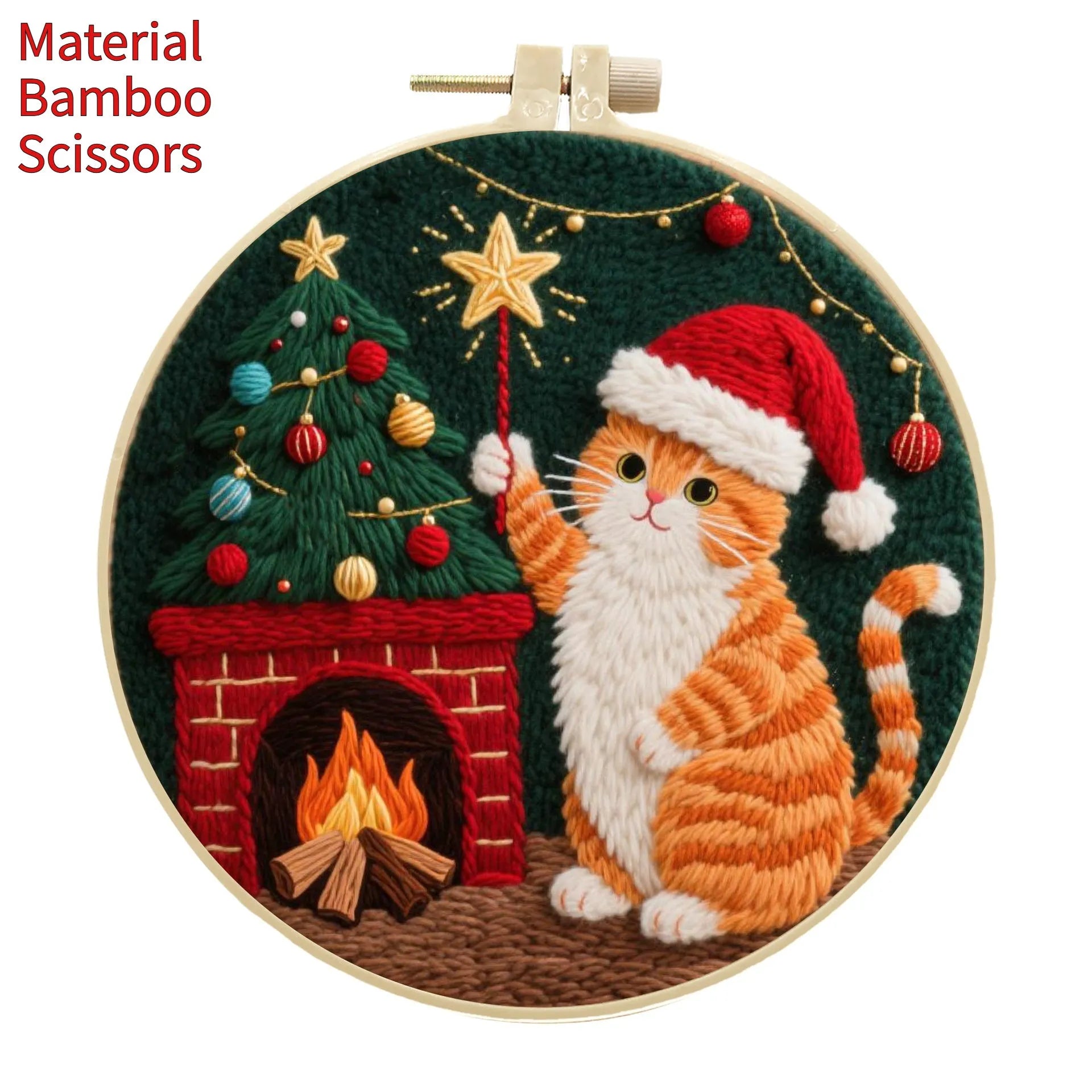 DIY embroidery material kit showing cotton linen fabric with cat and autumn fruit design, optional bamboo hoop and scissors