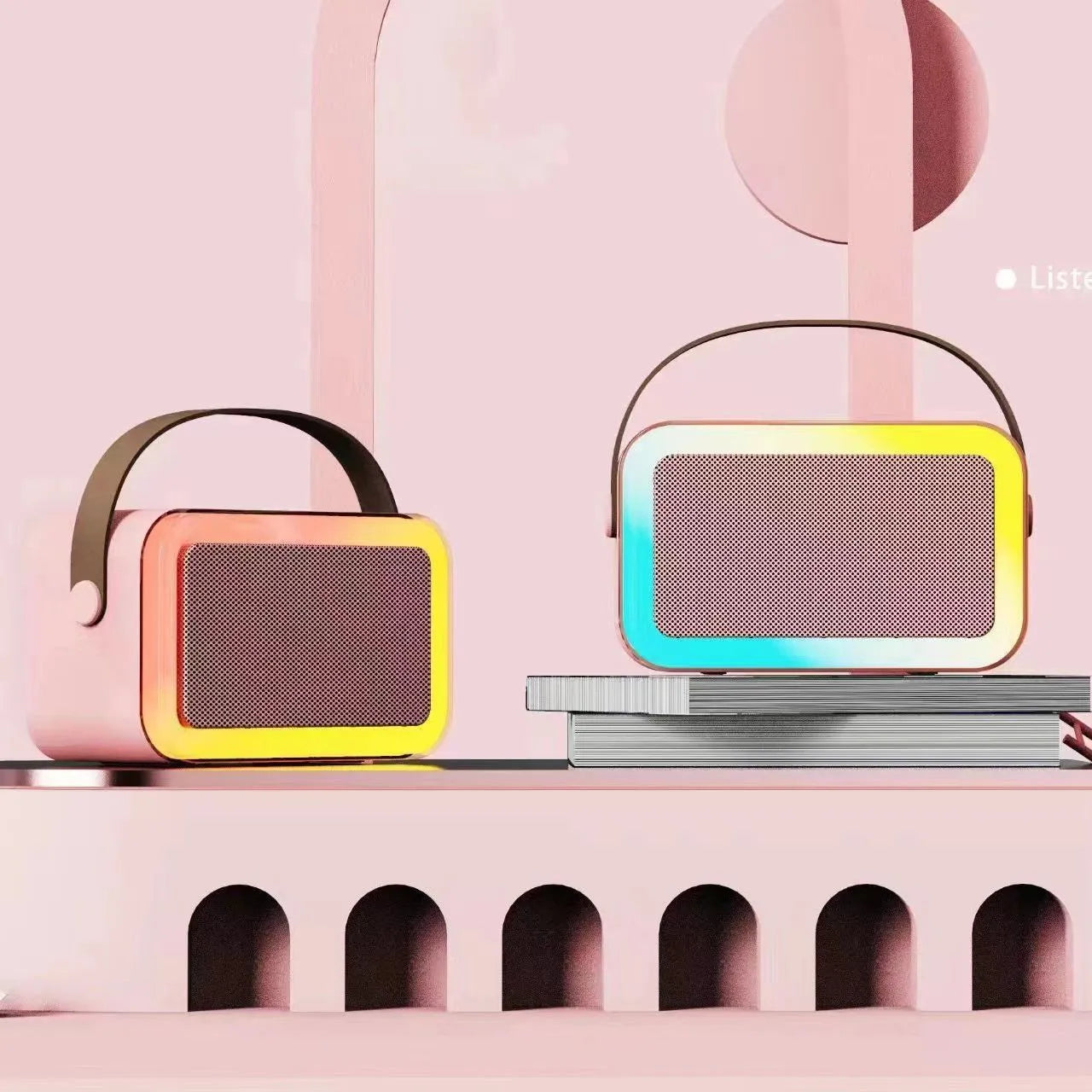 Portable Bluetooth karaoke speaker in white, pink, or sky blue colour with microphone and recording functions