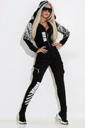 Women's black wings printing hooded street suit with matching trousers, zipper front, and long sleeves