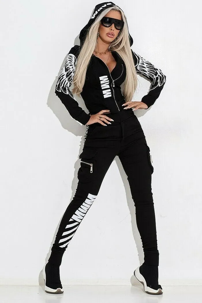 Women's black wings printing hooded street suit with matching trousers, zipper front, and long sleeves