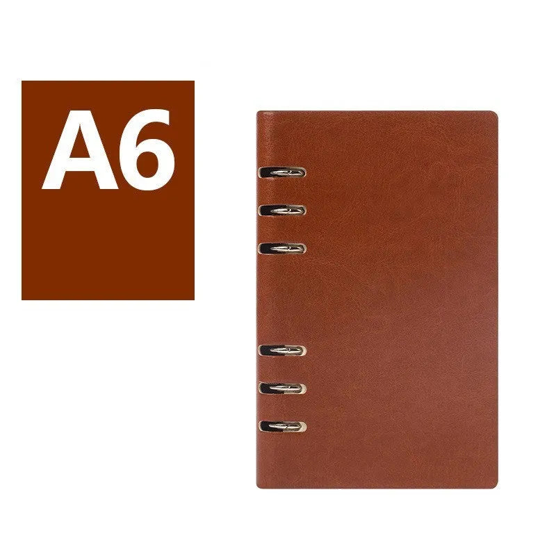 Loose-leaf business notebook with imitation leather cover in five colour options, shown in A5, A6, and B5 sizes.