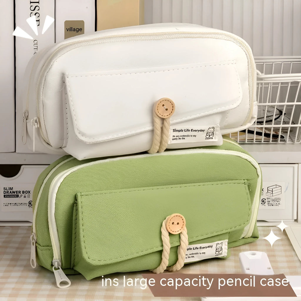 Korean style canvas pencil case in green, holds approximately 80 pens