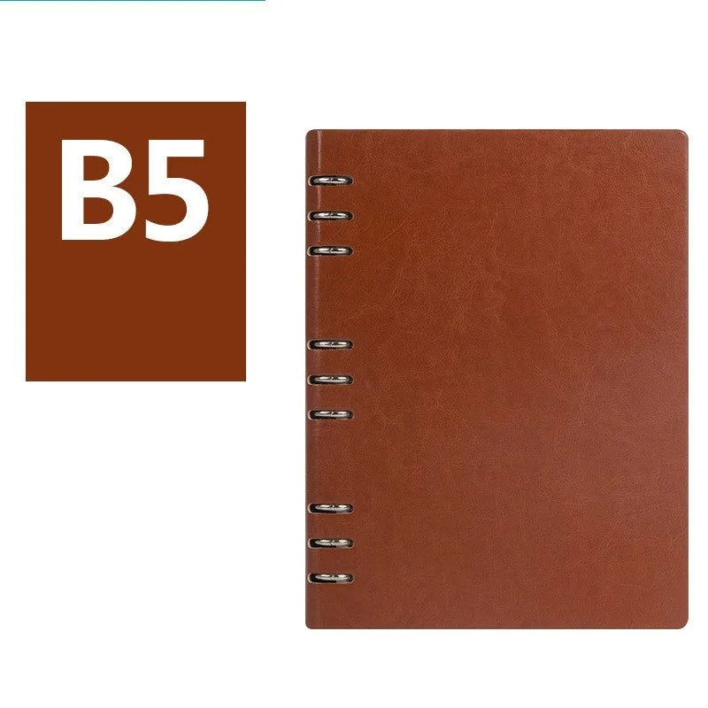 Loose-leaf business notebook with imitation leather cover in five colour options, shown in A5, A6, and B5 sizes.