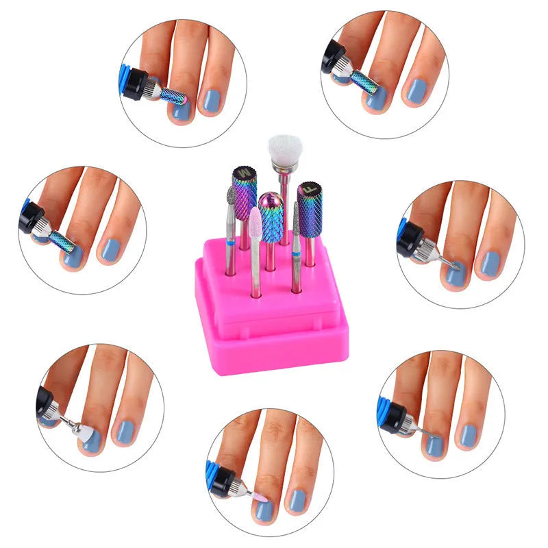 Set of seven tungsten steel nail drill bits and a brush in a clear plastic case.