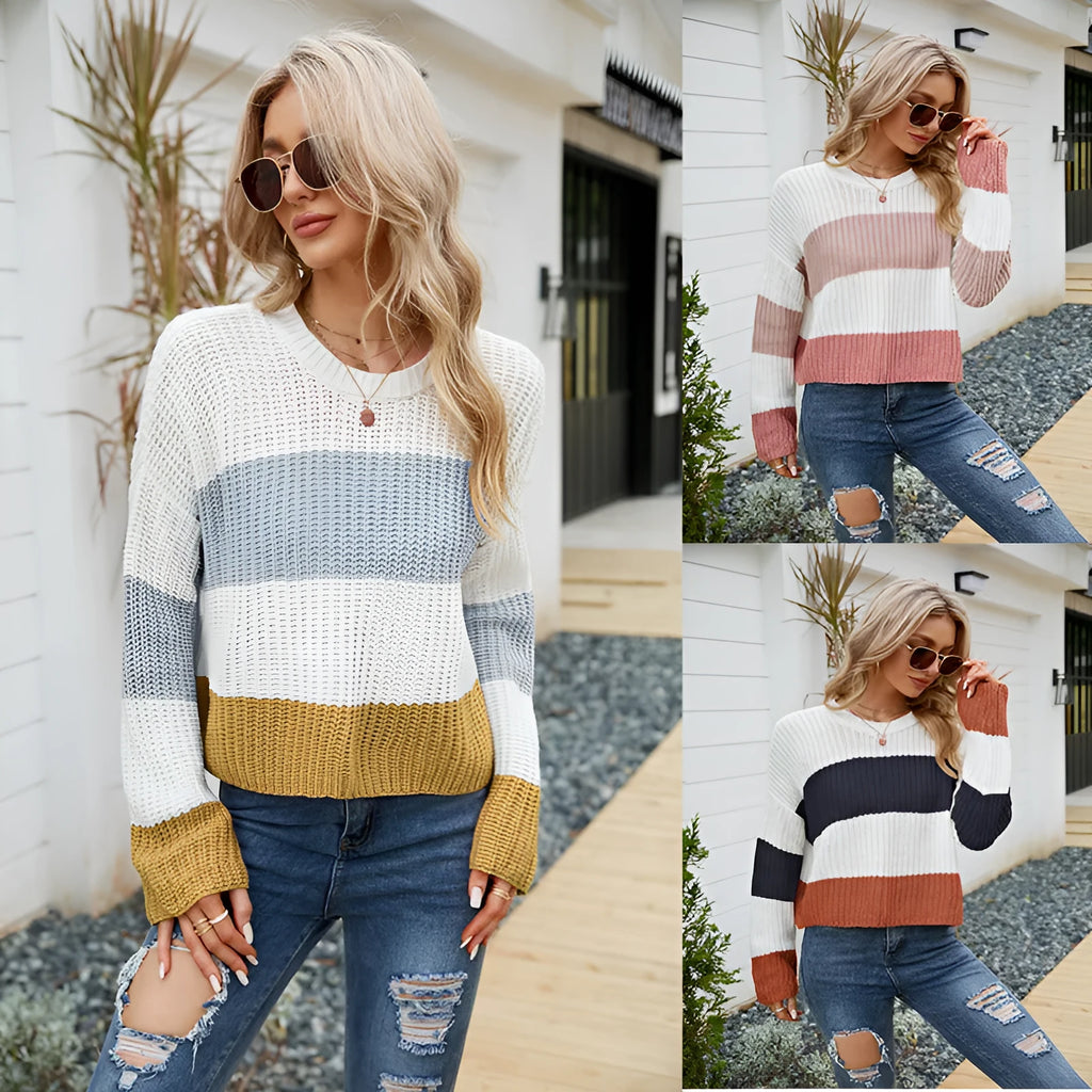 Short length women's striped pullover jumper in pink, dark blue, or yellow.