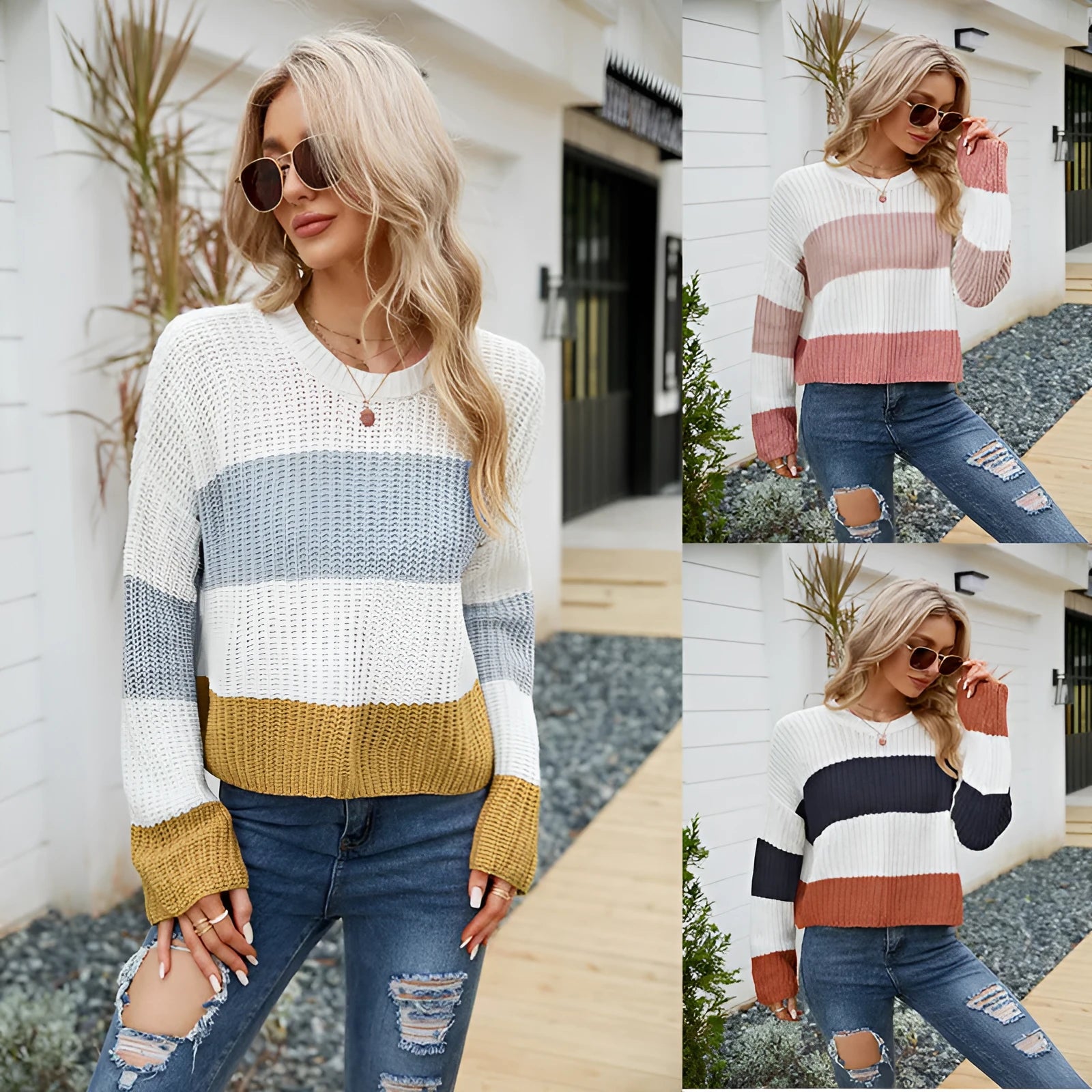 Short length women's striped pullover jumper in pink, dark blue, or yellow.