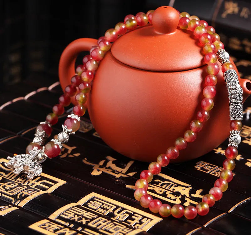 Handmade watermelon crystal bracelet with Chinese knot and geometric beads in two size options