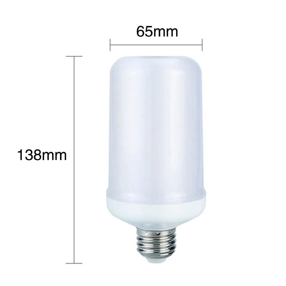 Decorative indoor lamp with glowing orange LED flame effect bulb on a dark surface.