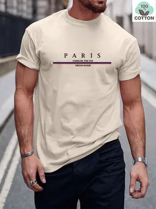 Men's heavy pure cotton short-sleeved T-shirt with a printed design in a loose casual fit