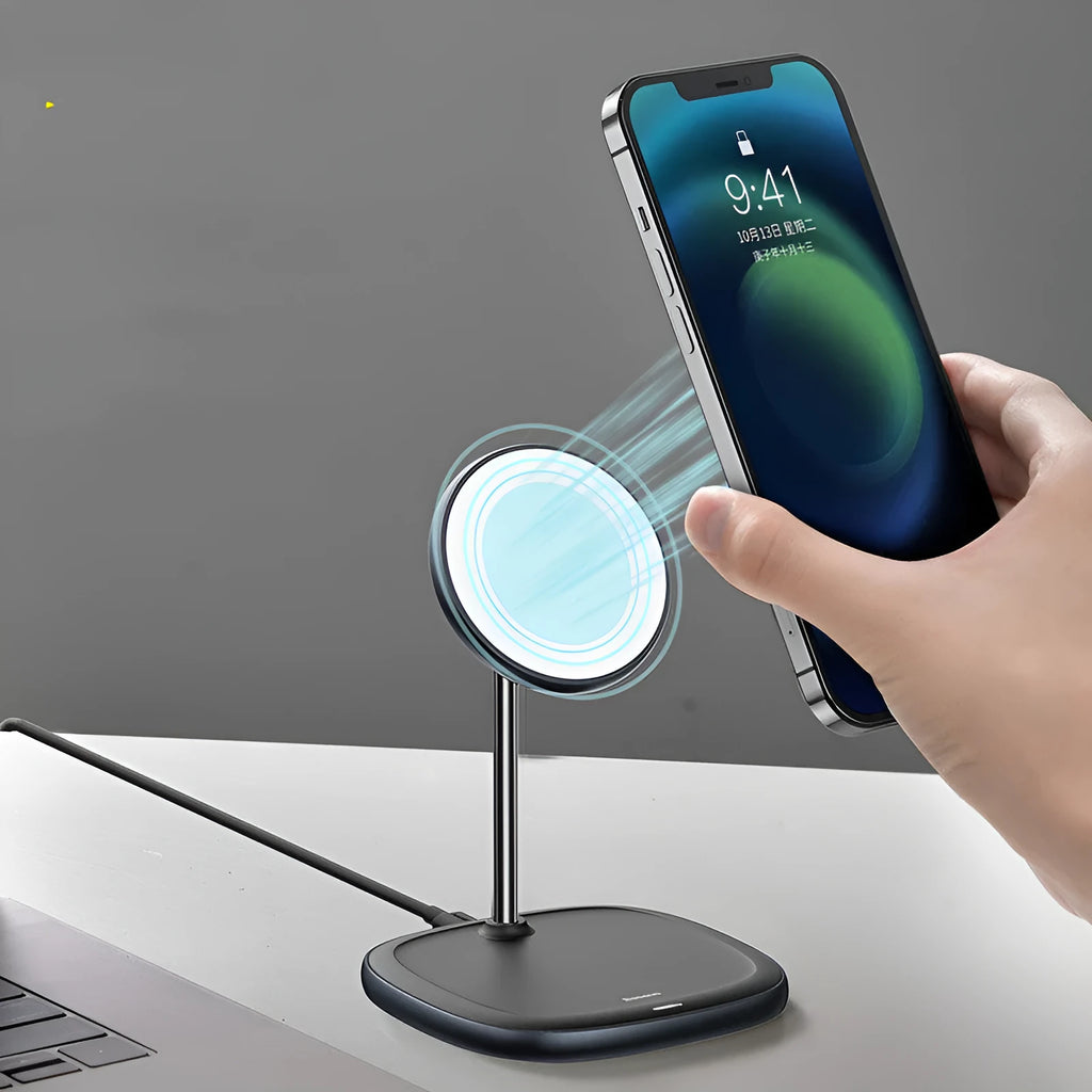 Black magnetic desktop wireless charging stand for Apple iPhone 12 with Type-C cable