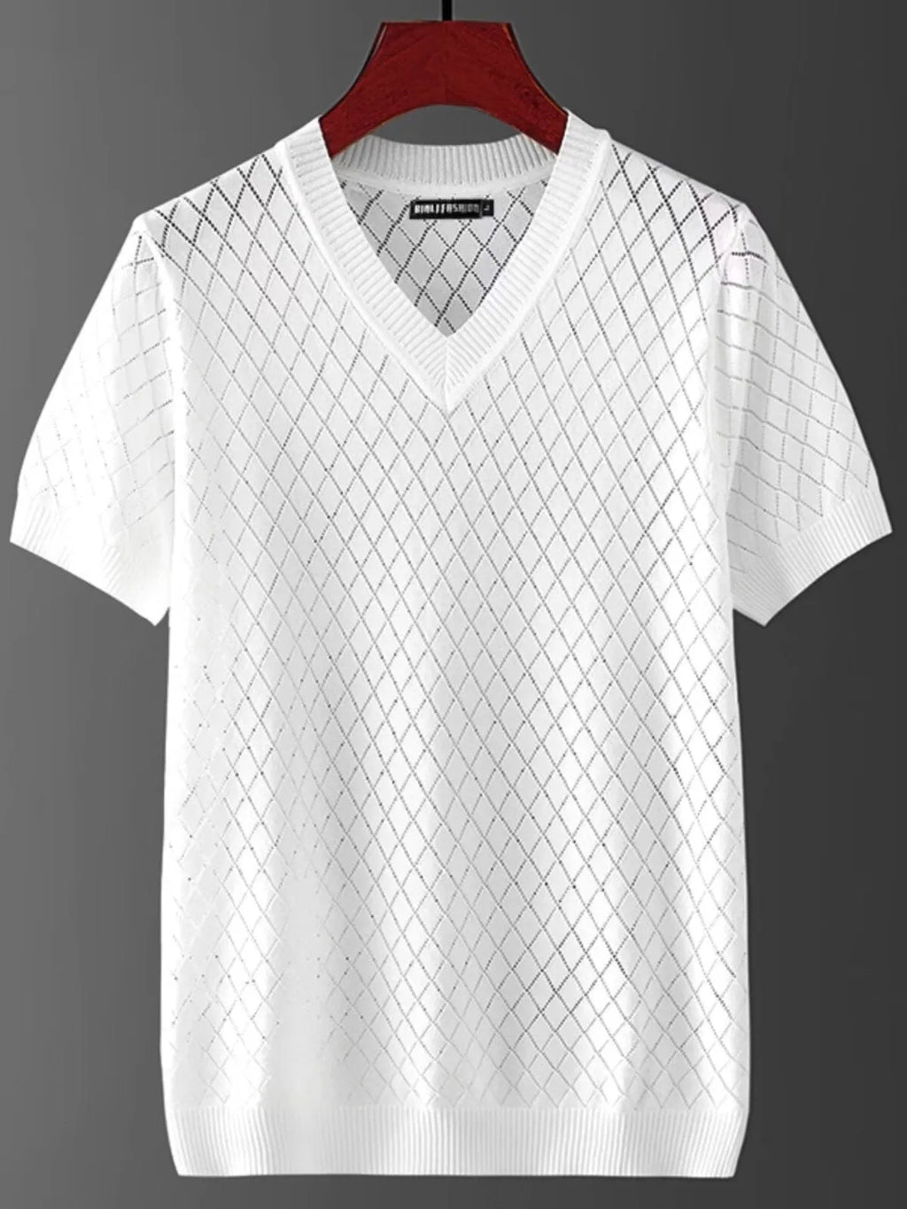 Men's black and white plus size short sleeve T-shirt showing V-neck and round neck styles