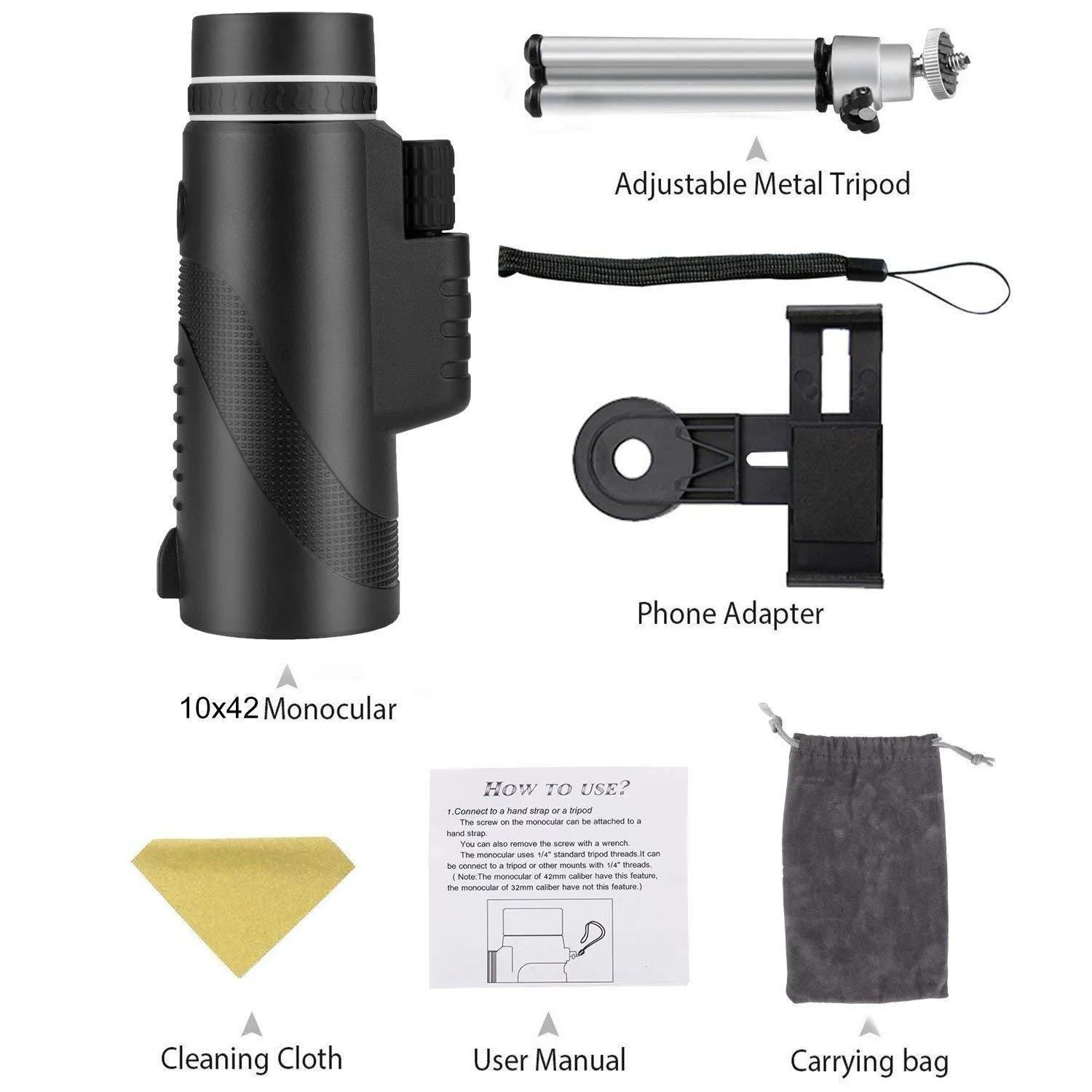 Black HD 40x60 mobile phone monocular telescope with 40x magnification and waterproof design