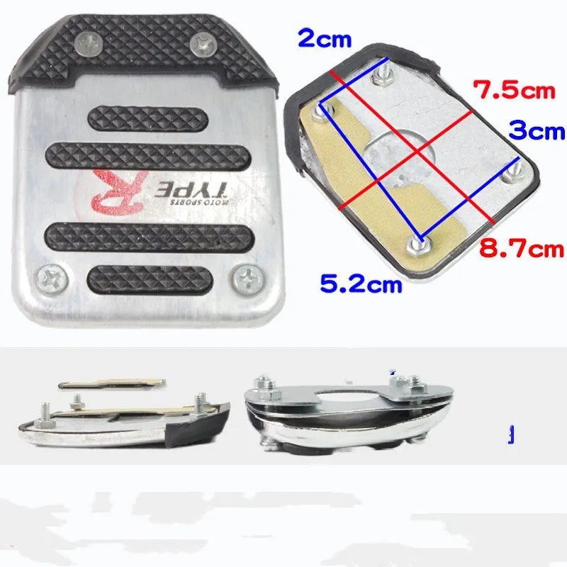 Metal motorcycle brake pedal skid plate replacement part showing three colour options